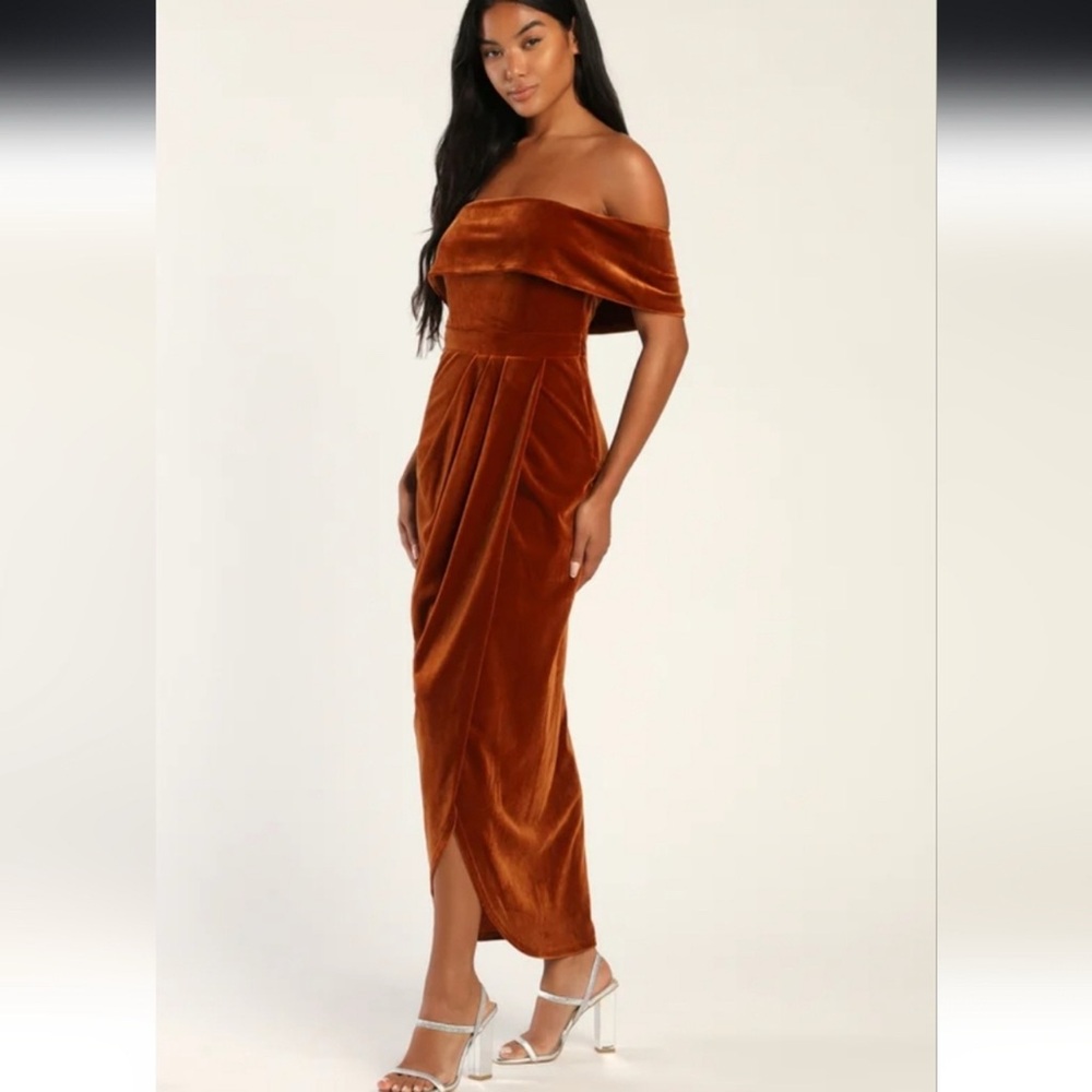 Lulu's Enchanted Rust Orange Velvet Off-the-Shoulder Maxi cocktail/formal dress